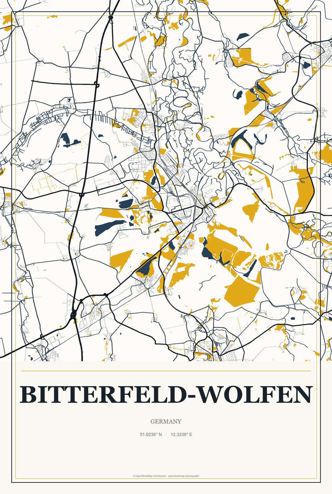 Bitterfeld-Wolfen, Germany City Map Aluminum Sign in Citrine Modern style
