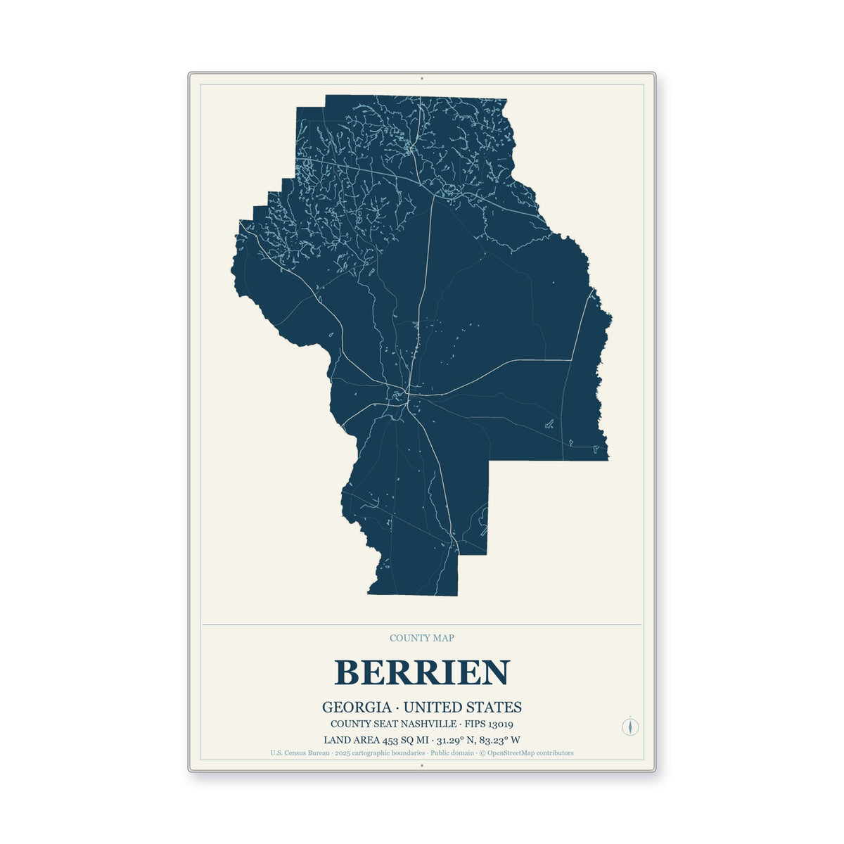 Berrien County, Georgia Map Aluminum Sign in Coastal Cutout style