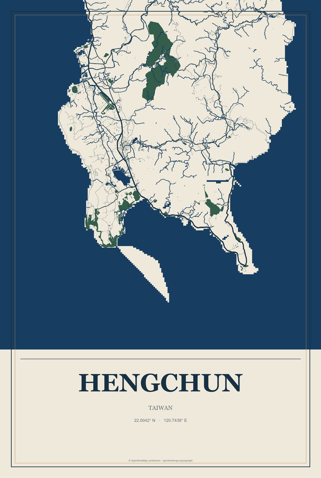 Hengchun, Taiwan City Map Aluminum Sign in Coastal Cutout style