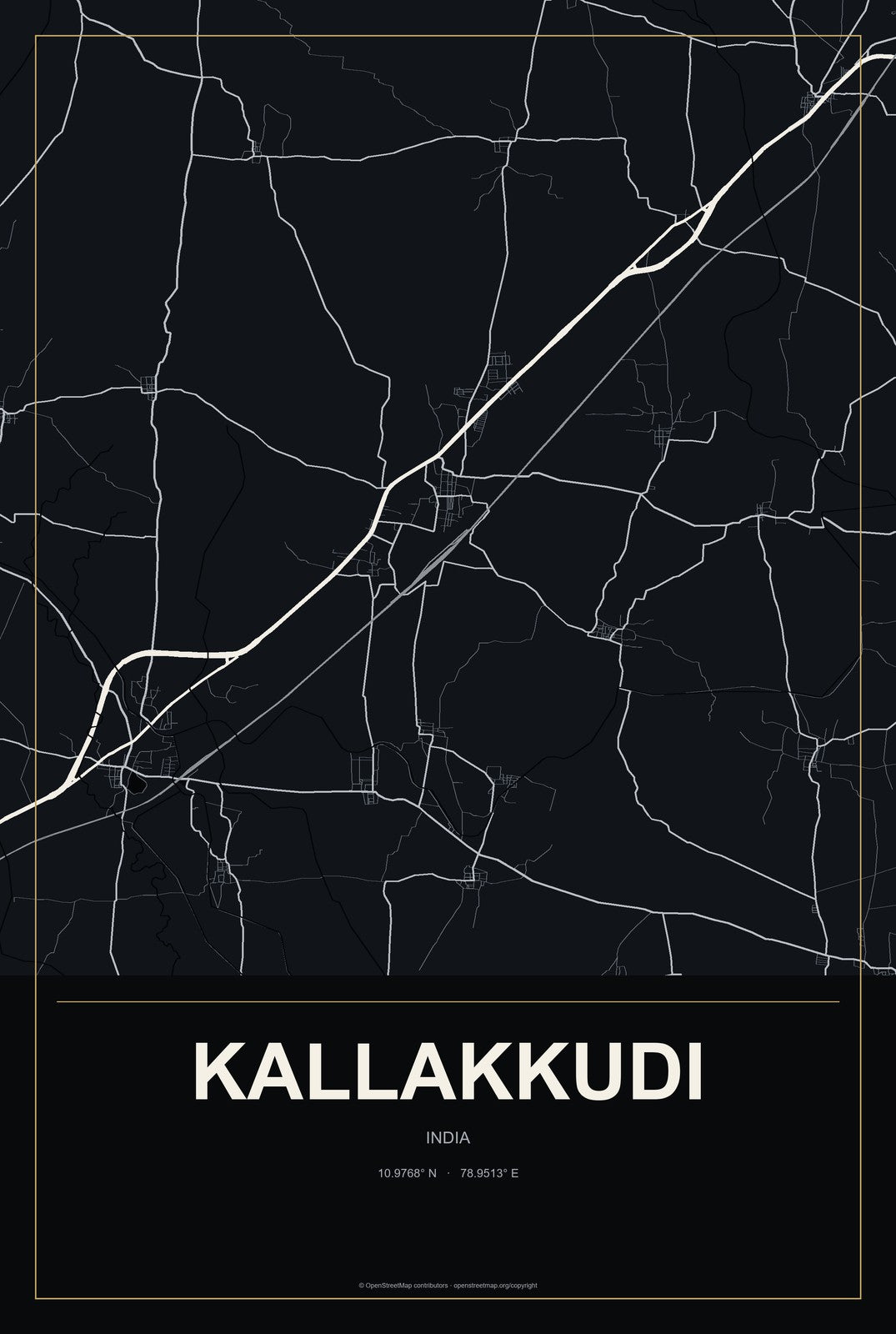 Kallakkudi, India City Map Aluminum Sign in Metropolitan Noir style