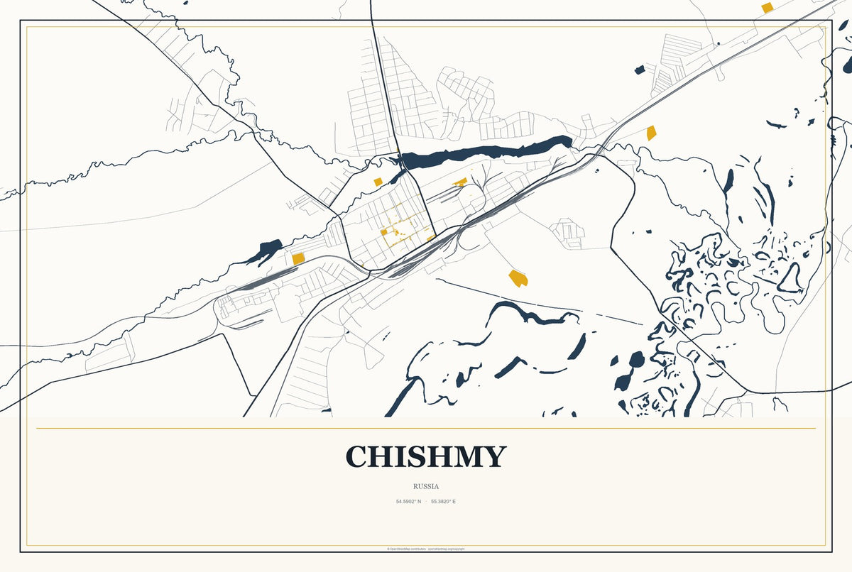 Chishmy, Russia City Map Aluminum Sign in Citrine Modern style