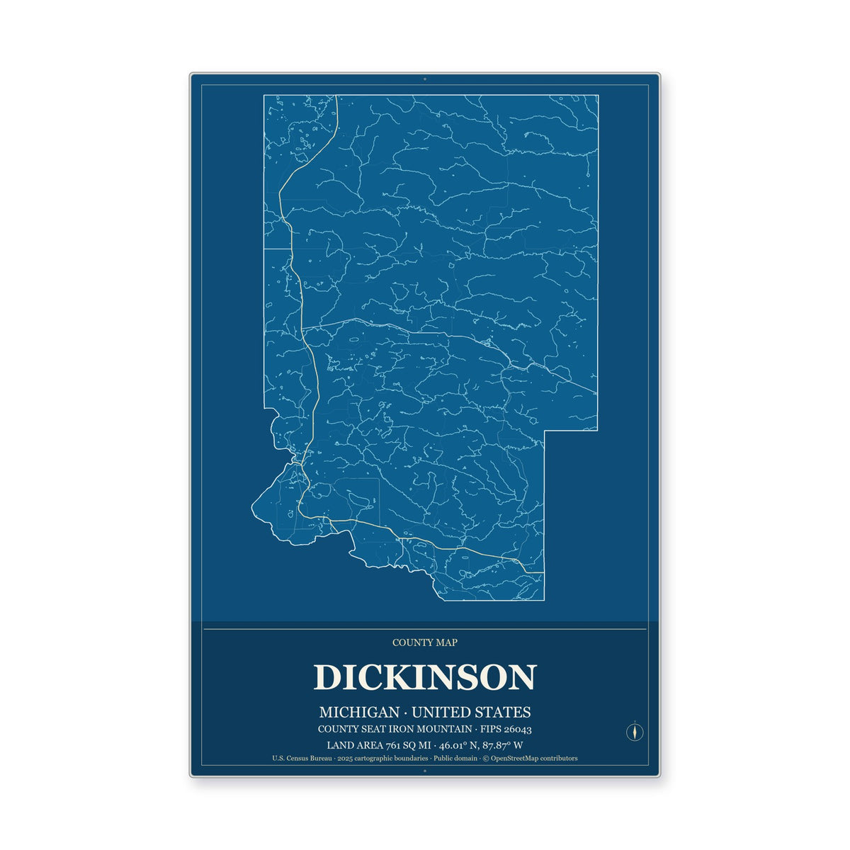 Dickinson County, Michigan Map Aluminum Sign in Harbor Cobalt style