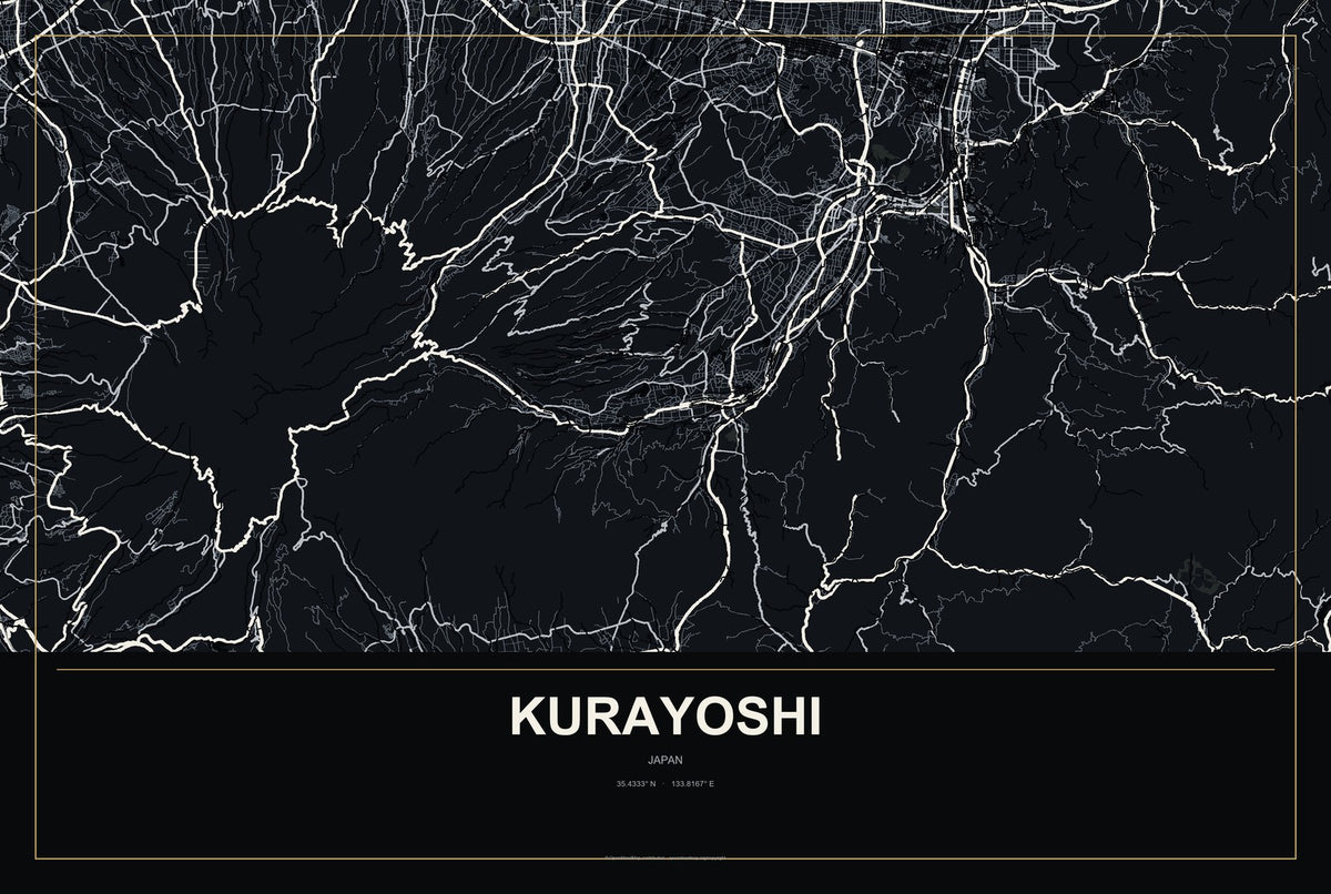 Kurayoshi, Japan City Map Aluminum Sign in Metropolitan Noir style