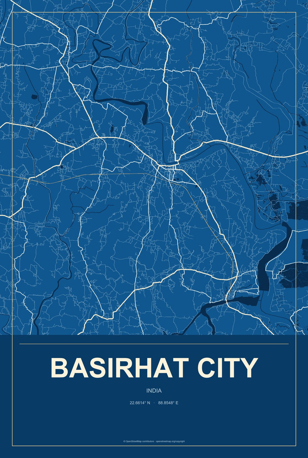 Basirhat City, India City Map Aluminum Sign in Harbor Cobalt style