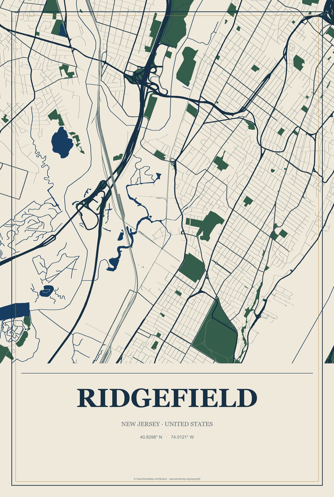 Ridgefield, New Jersey City Map Aluminum Sign in Coastal Cutout style