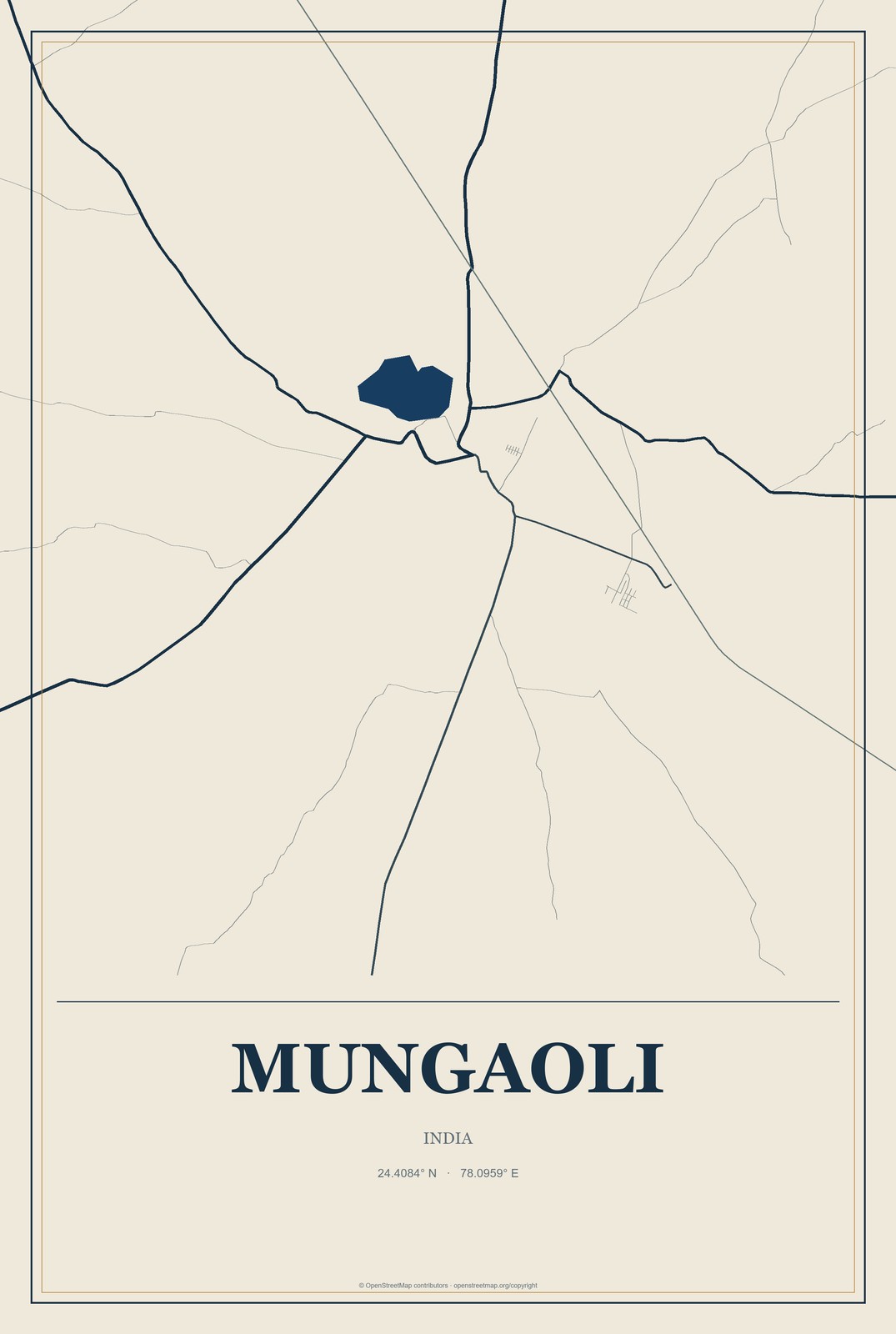 Mungaoli, India City Map Aluminum Sign in Coastal Cutout style