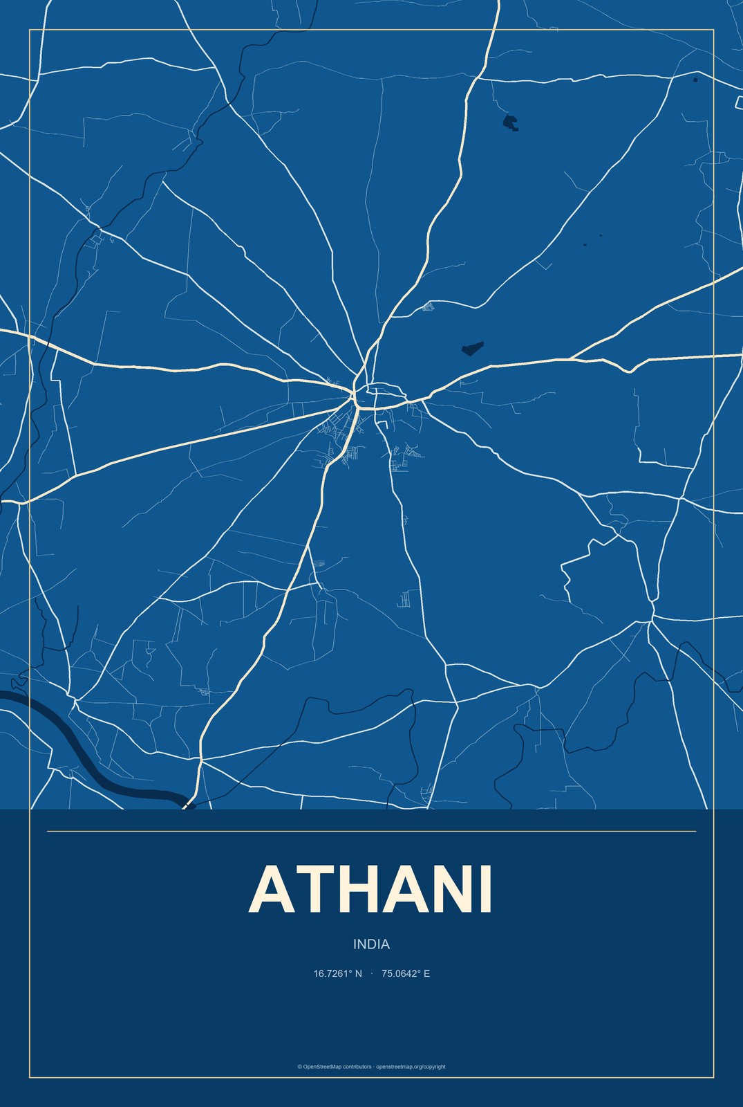 Athani, India City Map Aluminum Sign in Harbor Cobalt style