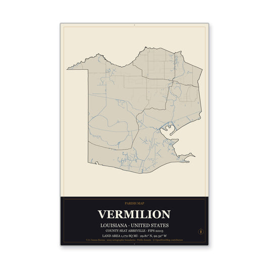Vermilion Parish, Louisiana Map Aluminum Sign in Museum Plaque style