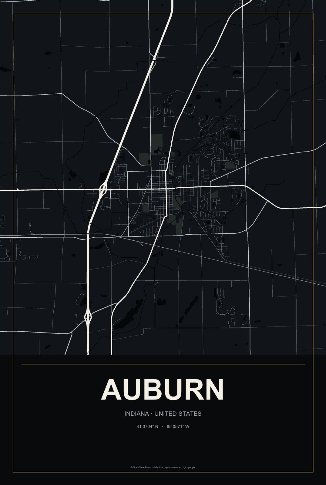 Auburn, Indiana City Map Aluminum Sign in Metropolitan Noir style
