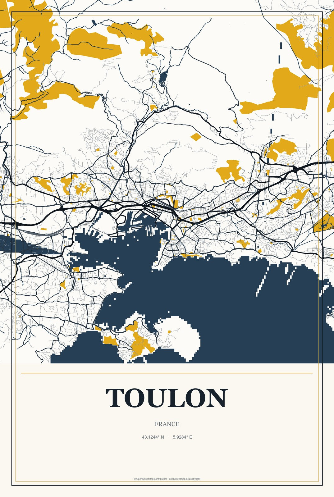 Toulon, France City Map Aluminum Sign in Citrine Modern style