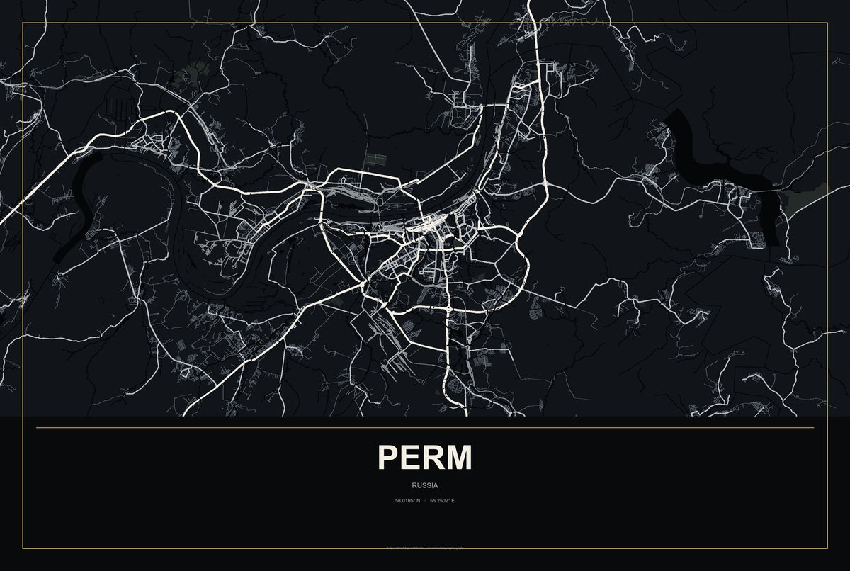 Perm, Russia City Map Aluminum Sign in Metropolitan Noir style