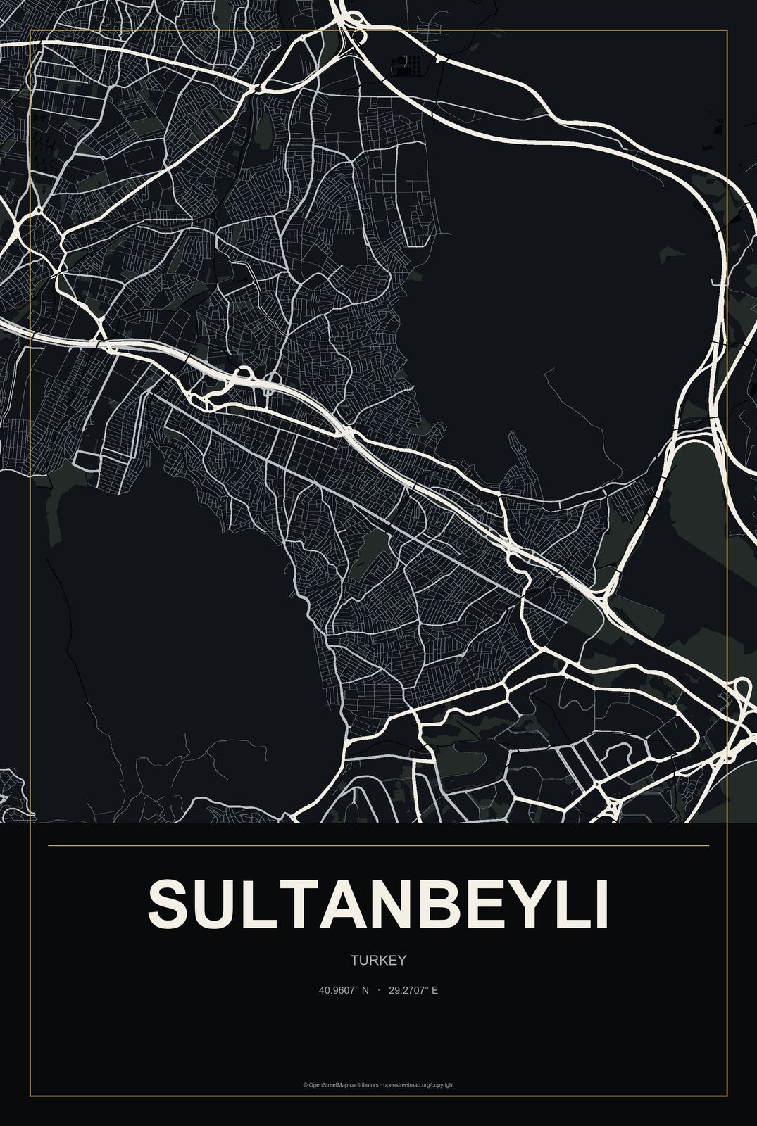 Sultanbeyli, Turkey City Map Aluminum Sign in Metropolitan Noir style