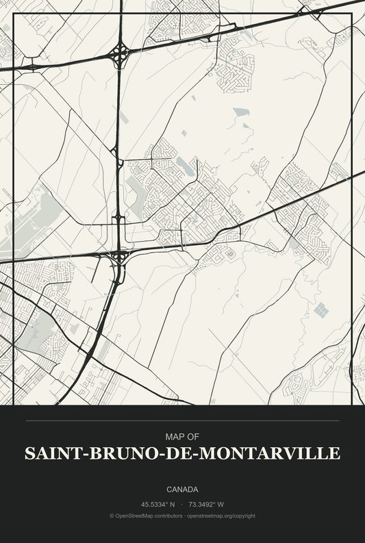 Saint-Bruno-de-Montarville, Canada City Map Aluminum Sign in Museum Plaque style