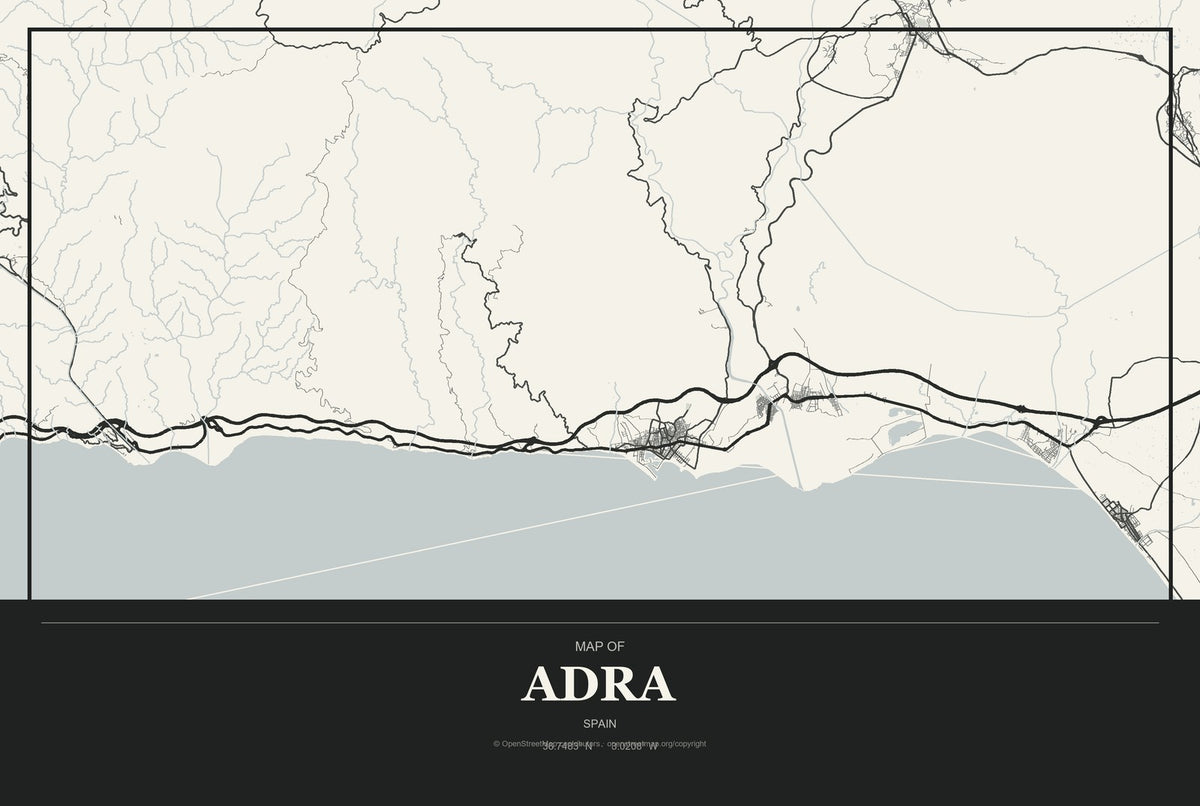 Adra, Spain City Map Aluminum Sign in Museum Plaque style