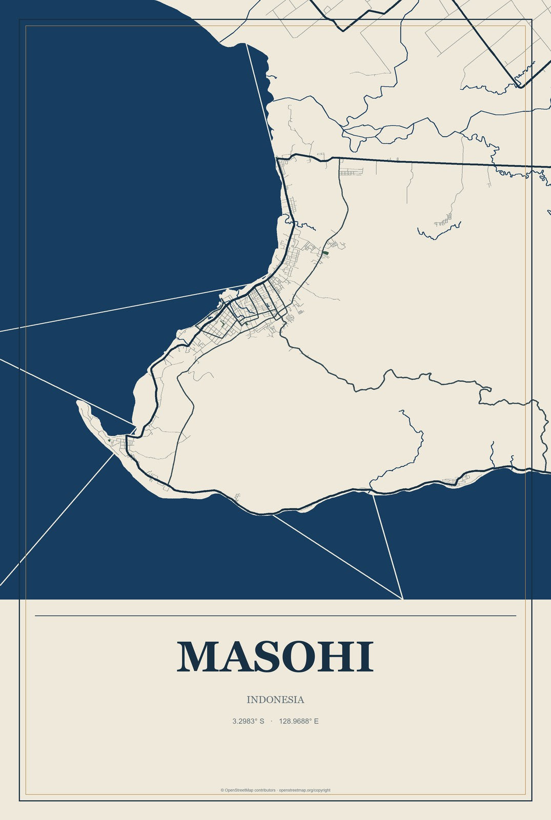 Masohi, Indonesia City Map Aluminum Sign in Coastal Cutout style