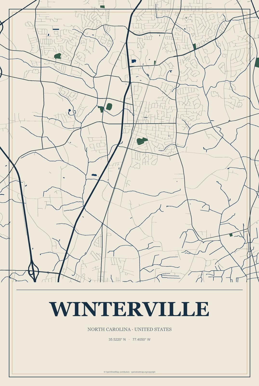 Winterville, North Carolina City Map Aluminum Sign in Coastal Cutout style