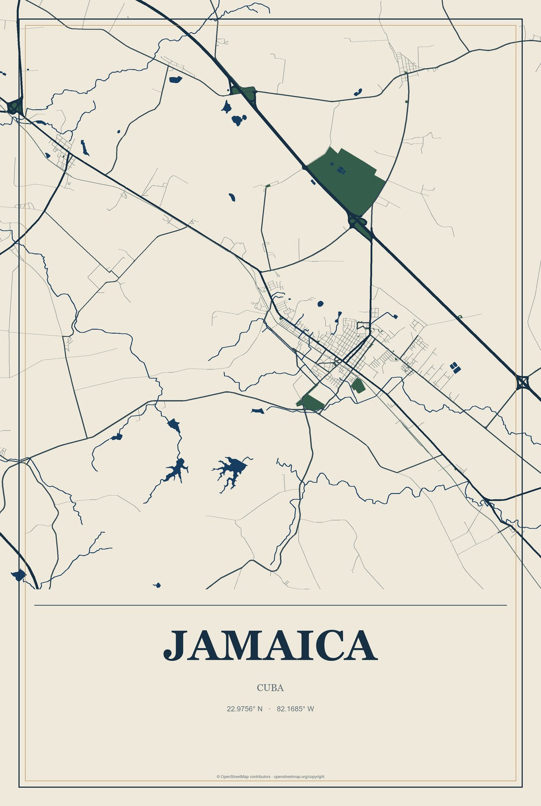 Jamaica, Cuba City Map Aluminum Sign in Coastal Cutout style