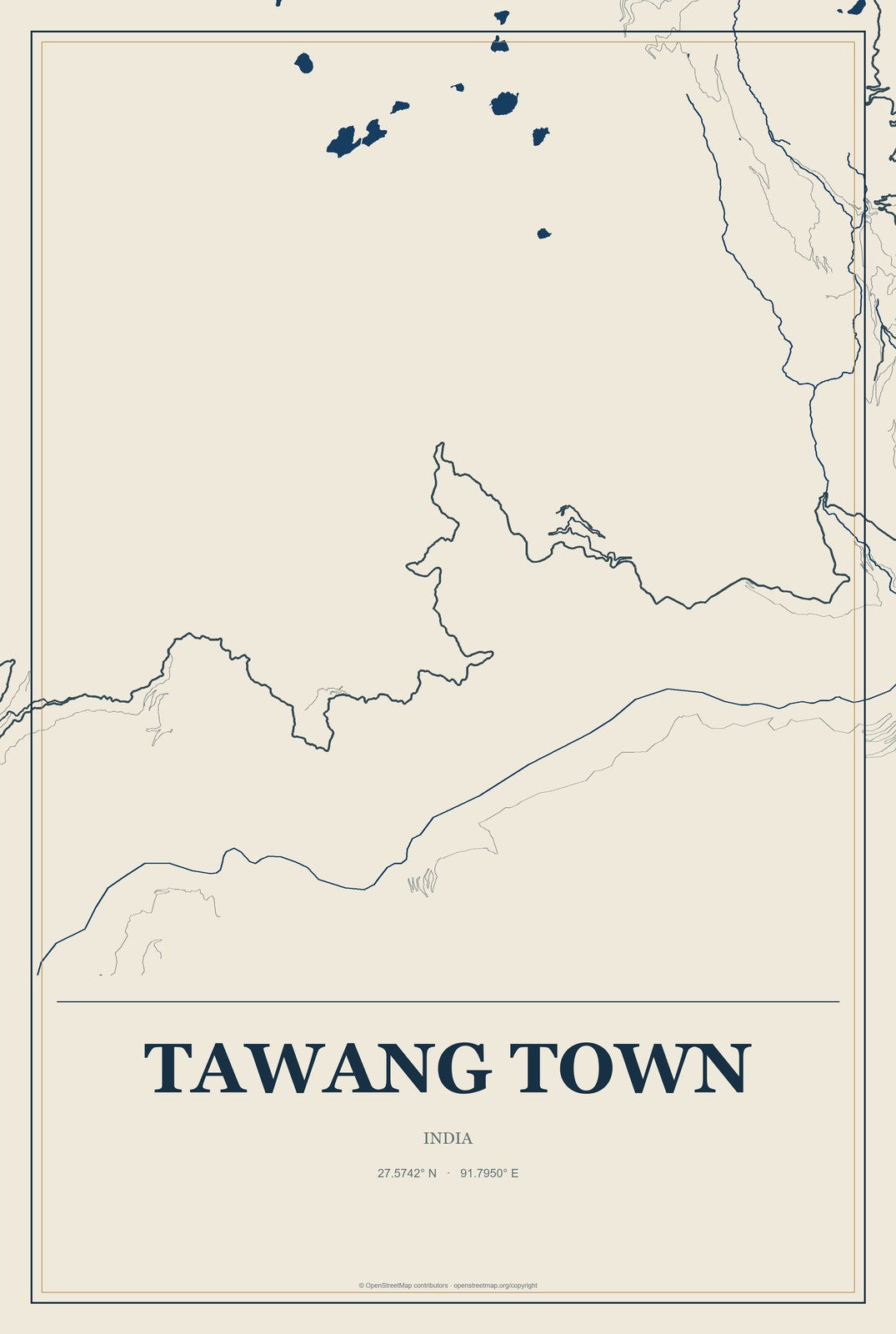 Tawang Town, India City Map Aluminum Sign in Coastal Cutout style