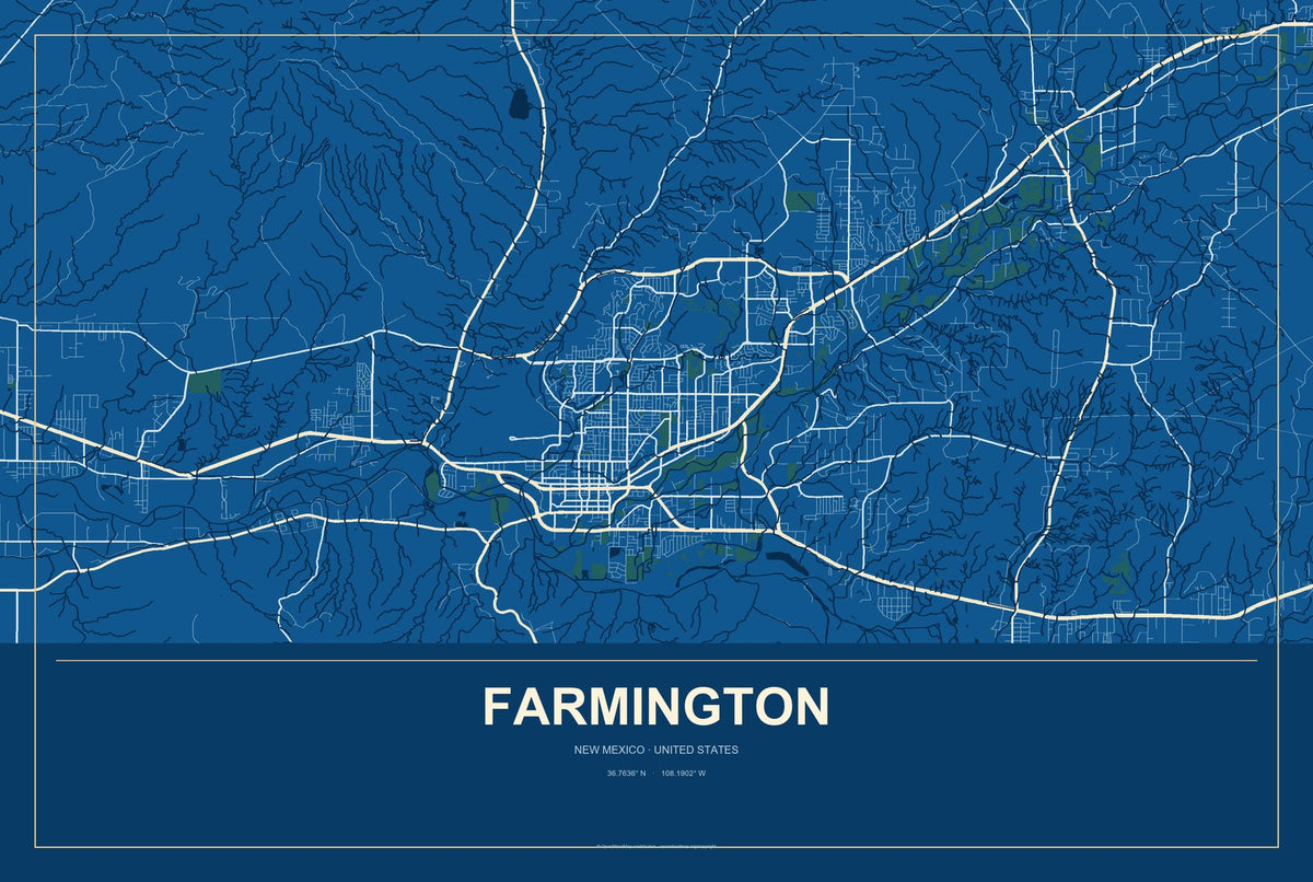 Farmington, New Mexico City Map Aluminum Sign in Harbor Cobalt style