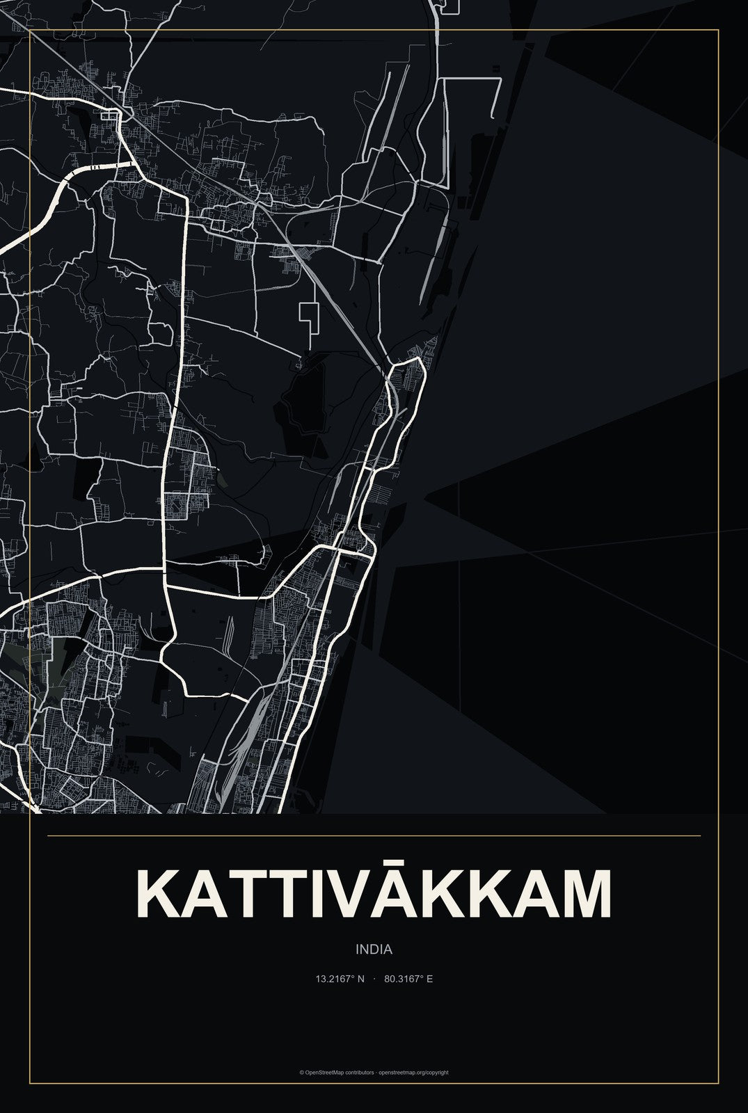 Kattivākkam, India City Map Aluminum Sign in Metropolitan Noir style