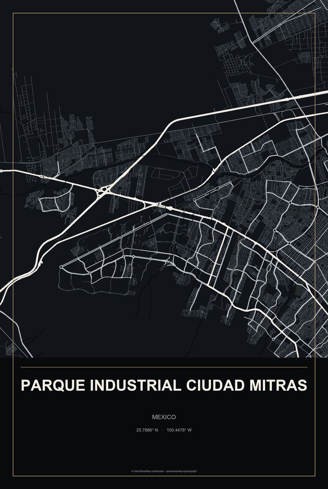 Parque Industrial Ciudad Mitras, Mexico City Map Aluminum Sign in Metropolitan Noir style