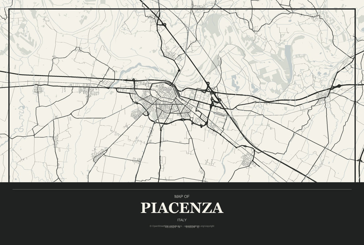 Piacenza, Italy City Map Aluminum Sign in Museum Plaque style