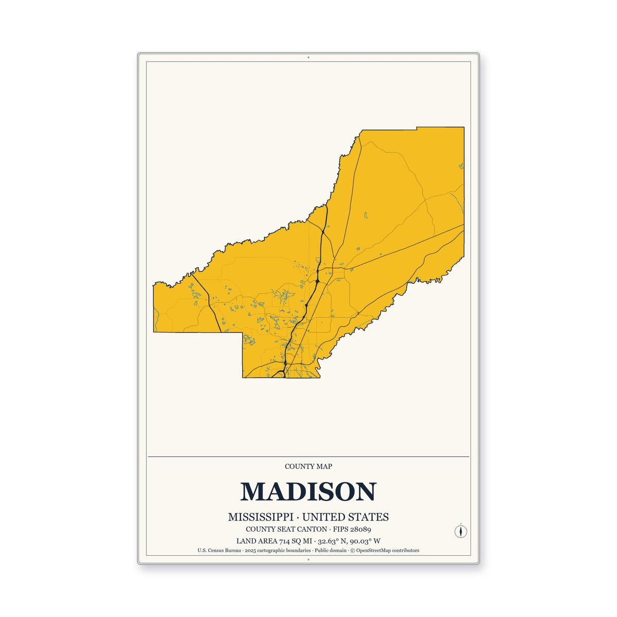 Madison County, Mississippi Map Aluminum Sign in Citrine Modern style