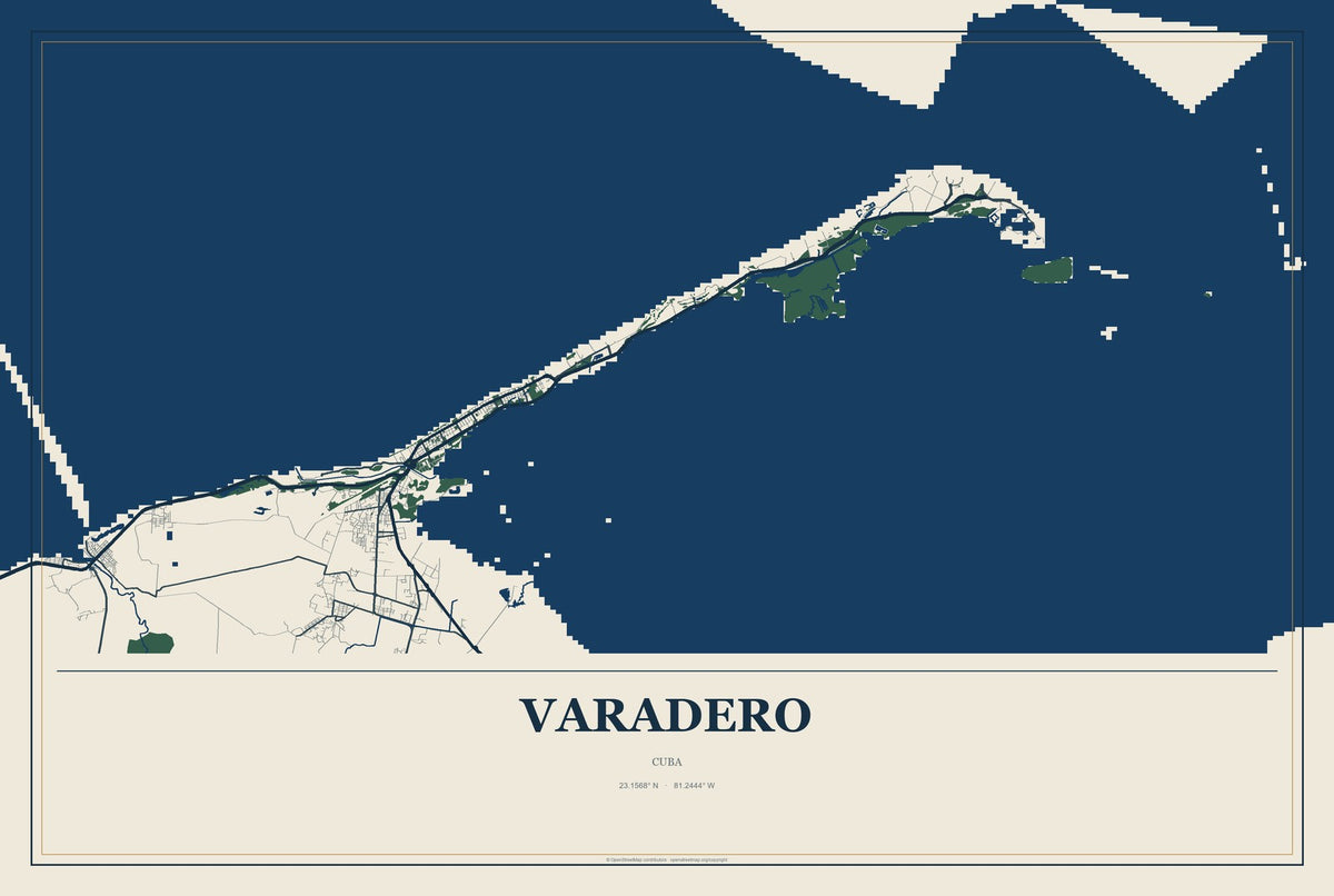 Varadero, Cuba City Map Aluminum Sign in Coastal Cutout style