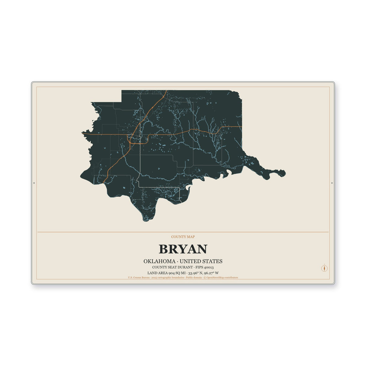 Bryan County, Oklahoma Map Aluminum Sign in Headline Atlas style