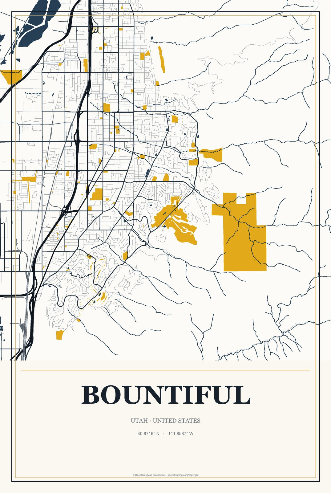 Bountiful, Utah City Map Aluminum Sign in Citrine Modern style