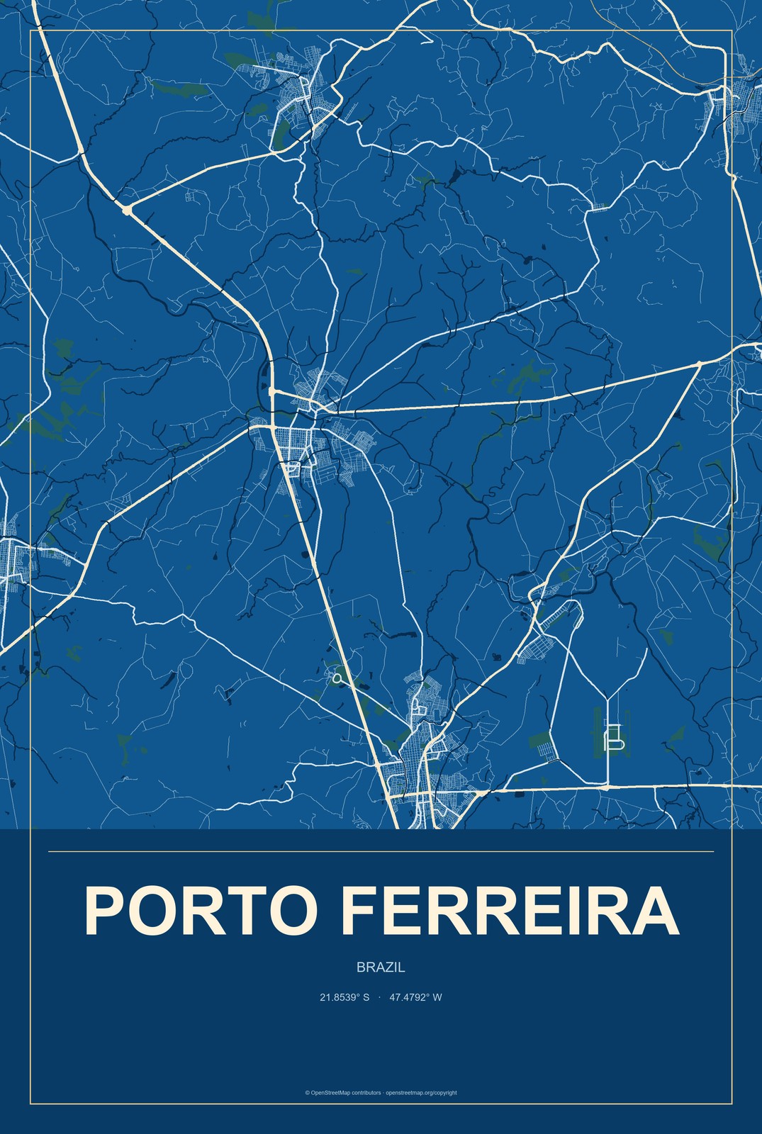 Porto Ferreira, Brazil City Map Aluminum Sign in Harbor Cobalt style
