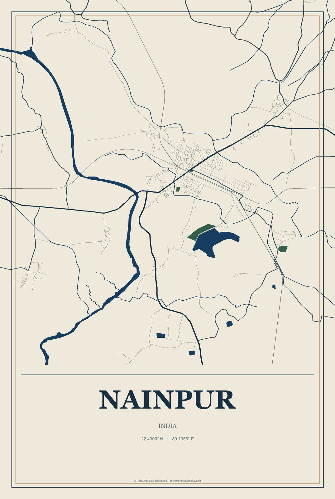 Nainpur, India City Map Aluminum Sign in Coastal Cutout style