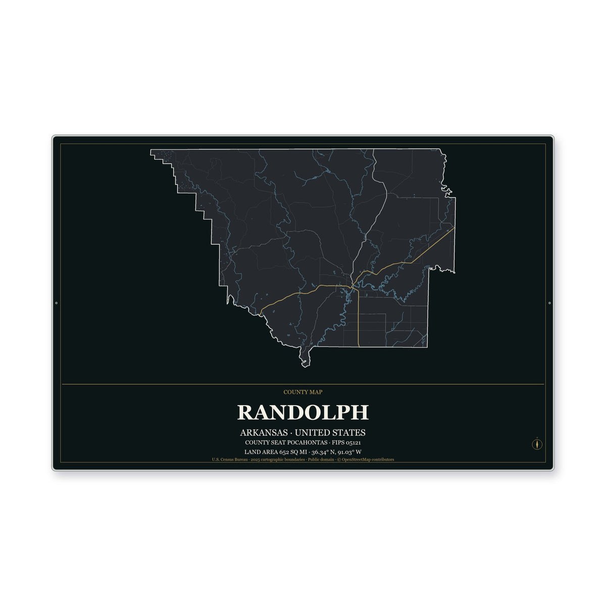 Randolph County, Arkansas Map Aluminum Sign in Metropolitan Noir style