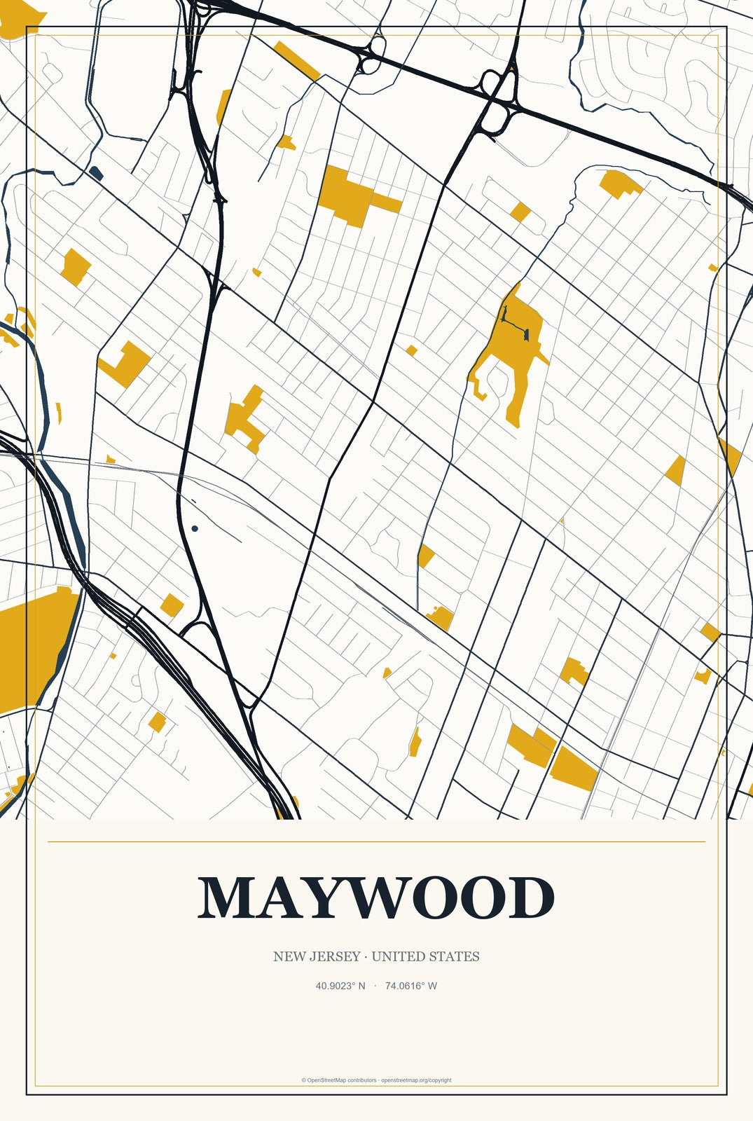 Maywood, New Jersey City Map Aluminum Sign in Citrine Modern style