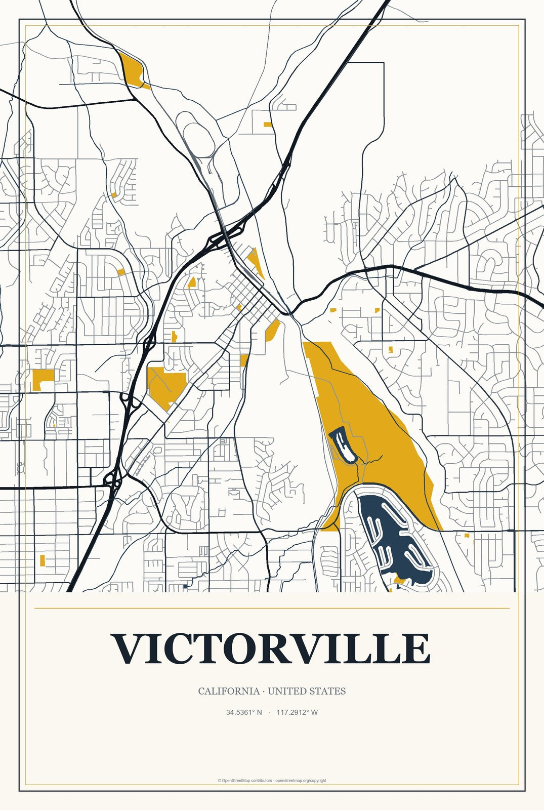 Victorville, California City Map Aluminum Sign in Citrine Modern style