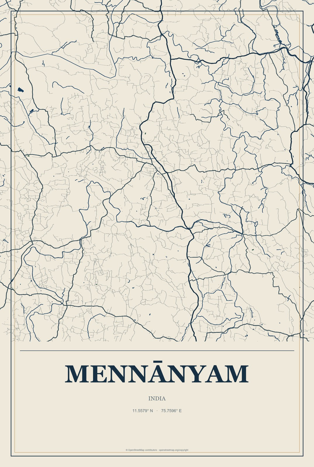 Mennānyam, India City Map Aluminum Sign in Coastal Cutout style
