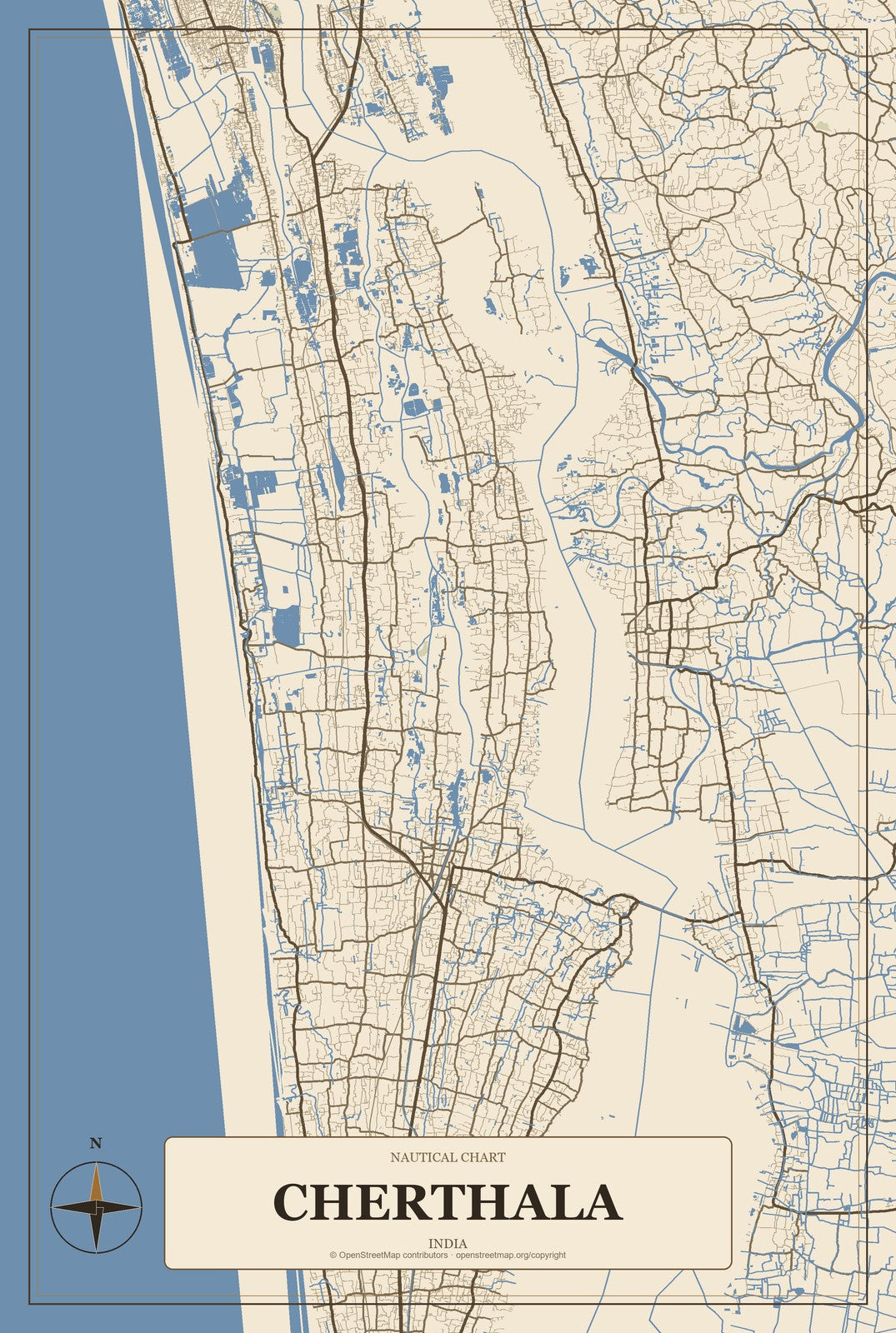 Cherthala, India City Map Aluminum Sign in Heritage Nautical style