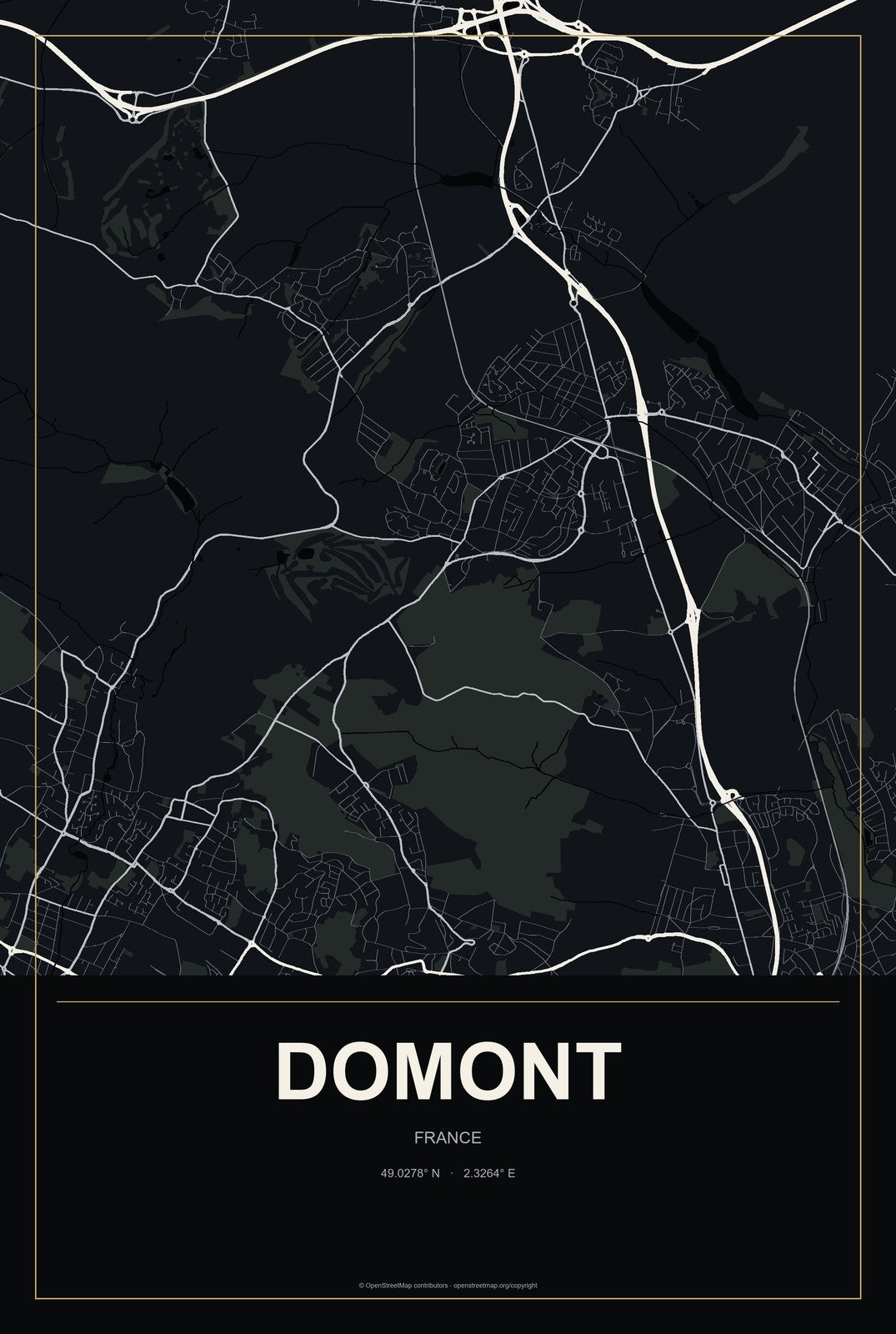 Domont, France City Map Aluminum Sign in Metropolitan Noir style