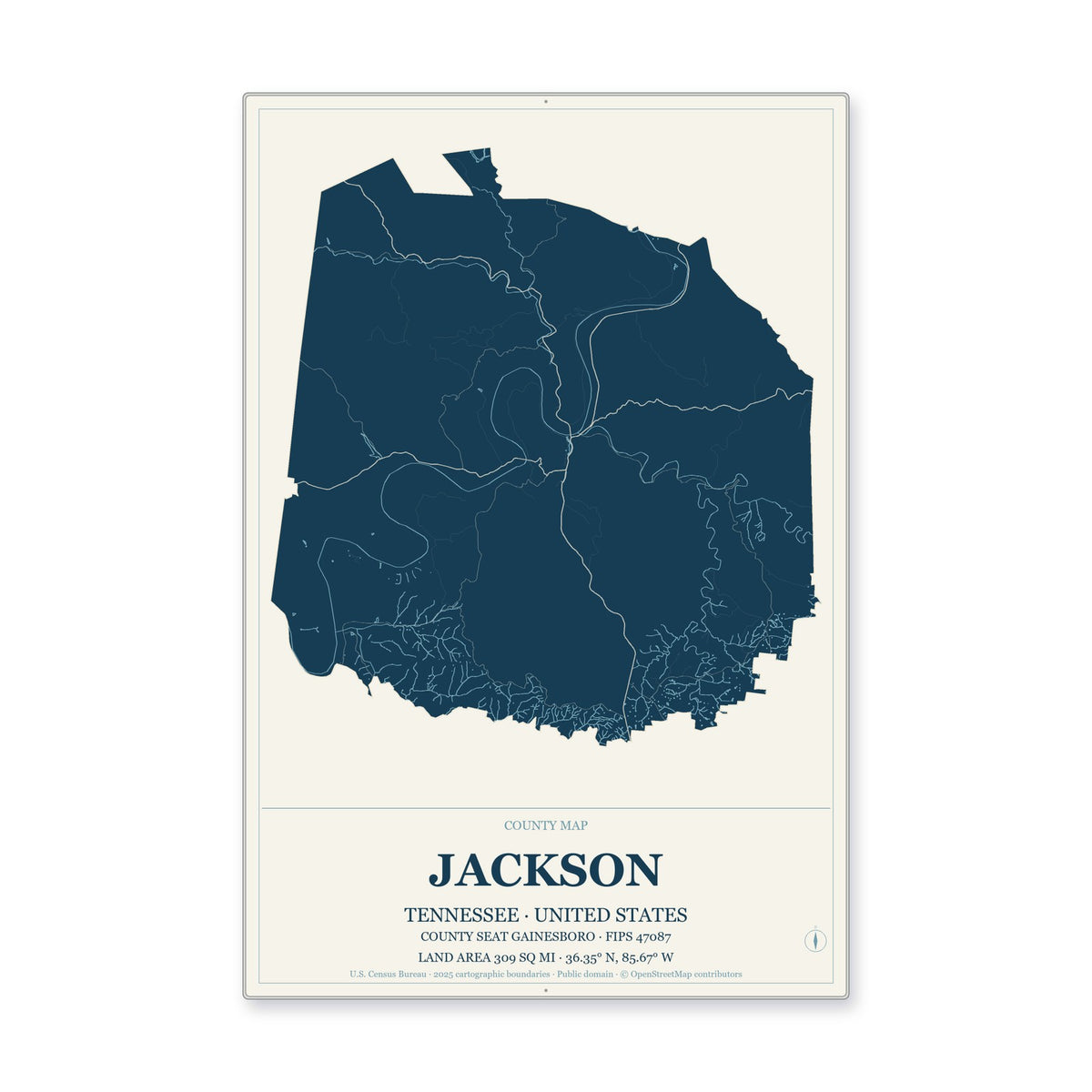 Jackson County, Tennessee Map Aluminum Sign in Coastal Cutout style