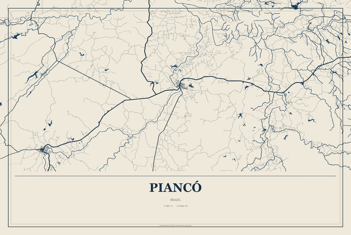 Piancó, Brazil City Map Aluminum Sign in Coastal Cutout style