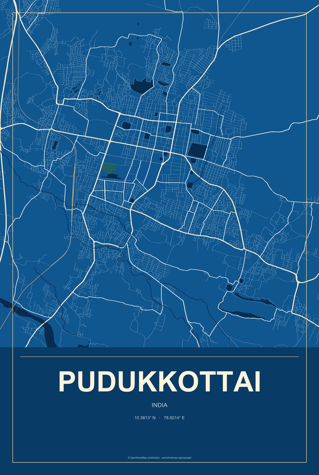 Pudukkottai, India City Map Aluminum Sign in Harbor Cobalt style