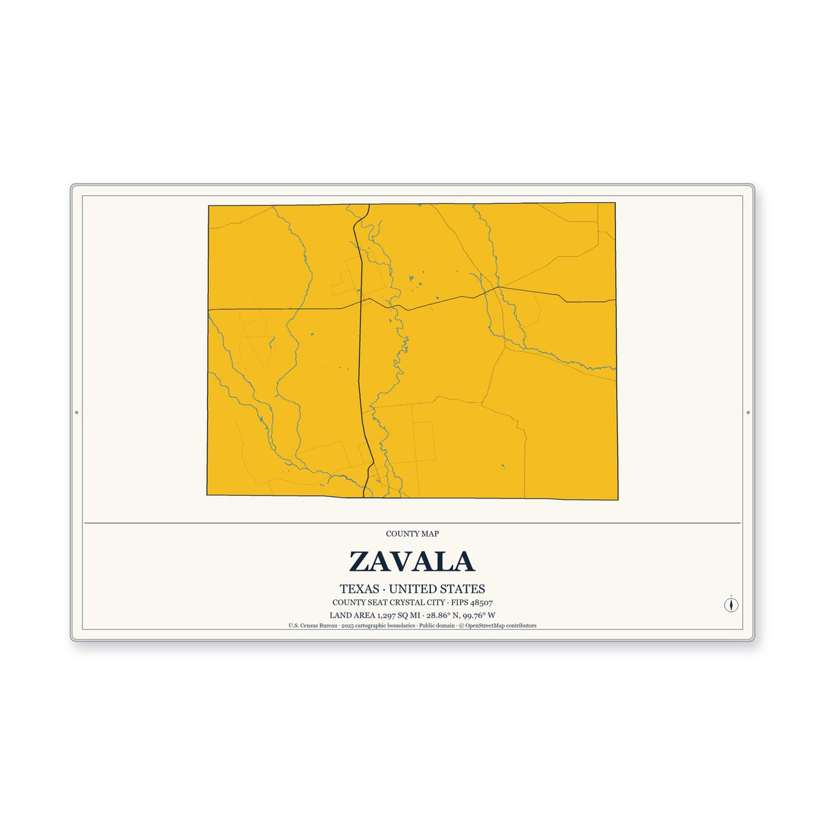 Zavala County, Texas Map Aluminum Sign in Citrine Modern style