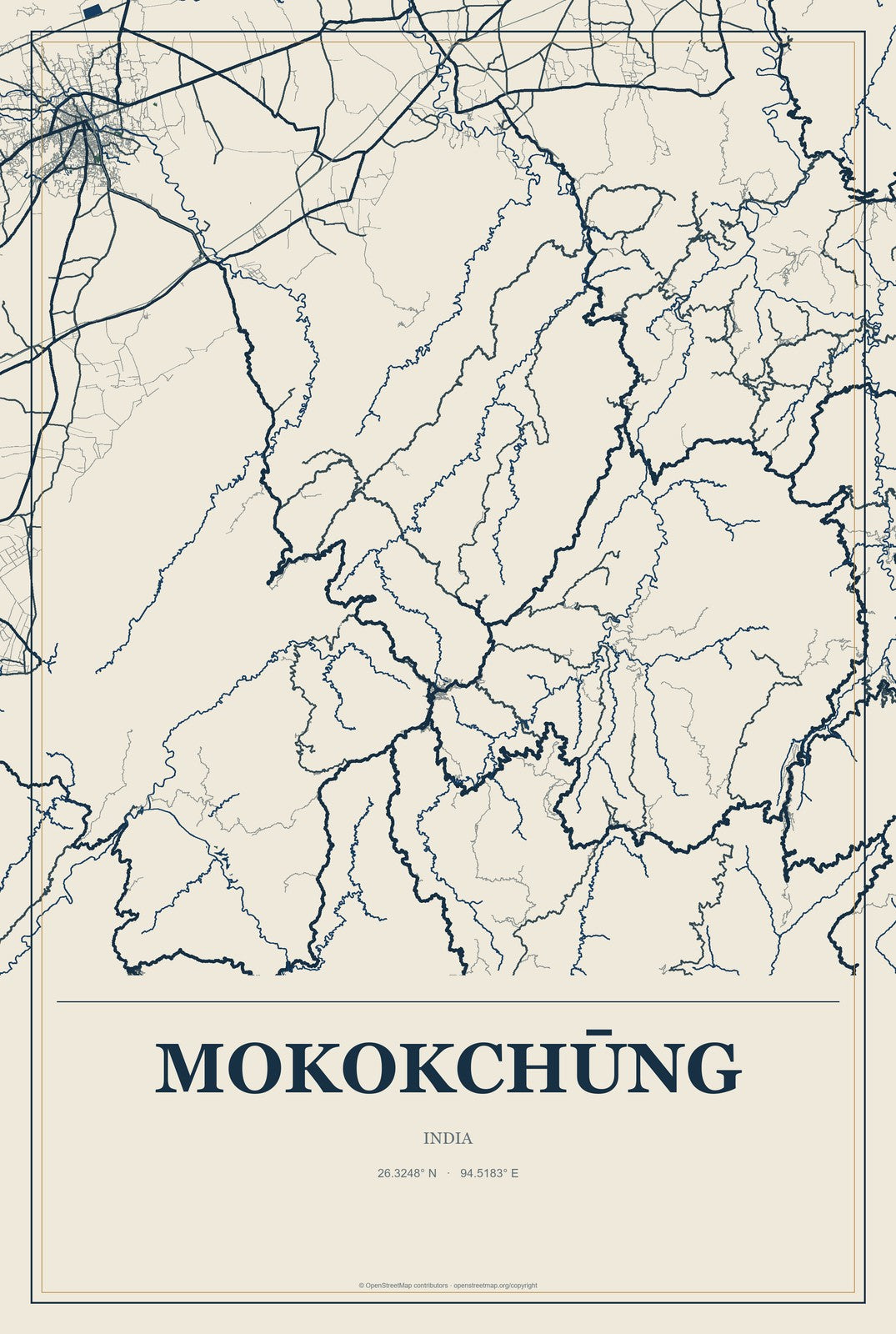 Mokokchūng, India City Map Aluminum Sign in Coastal Cutout style