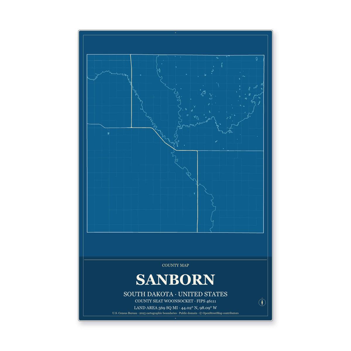 Sanborn County, South Dakota Map Aluminum Sign in Harbor Cobalt style