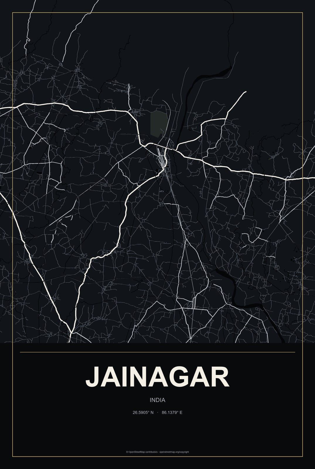 Jainagar, India City Map Aluminum Sign in Metropolitan Noir style