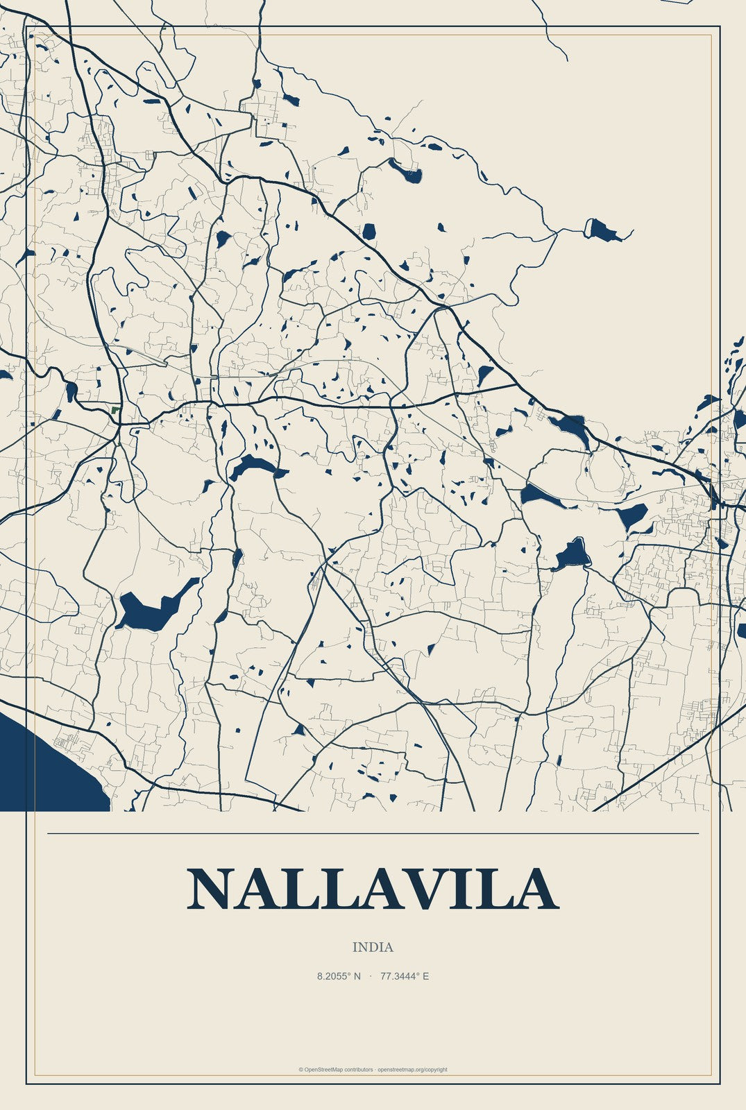 Nallavila, India City Map Aluminum Sign in Coastal Cutout style