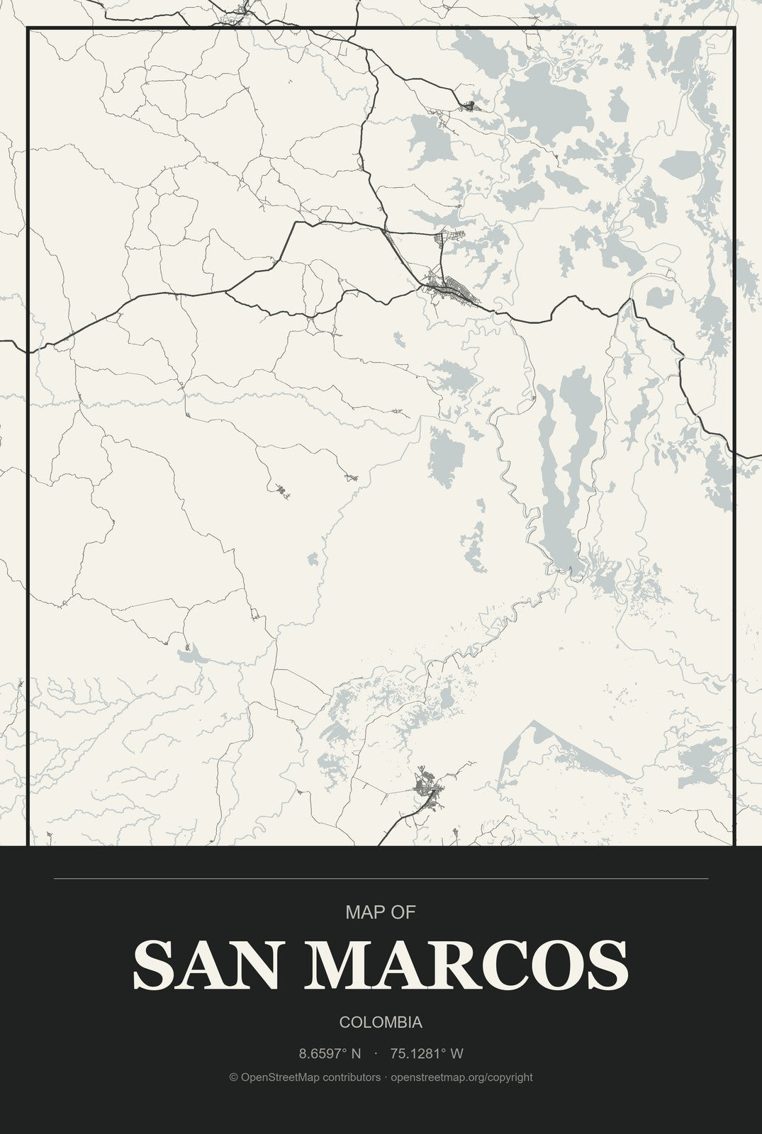 San Marcos, Colombia City Map Aluminum Sign in Museum Plaque style