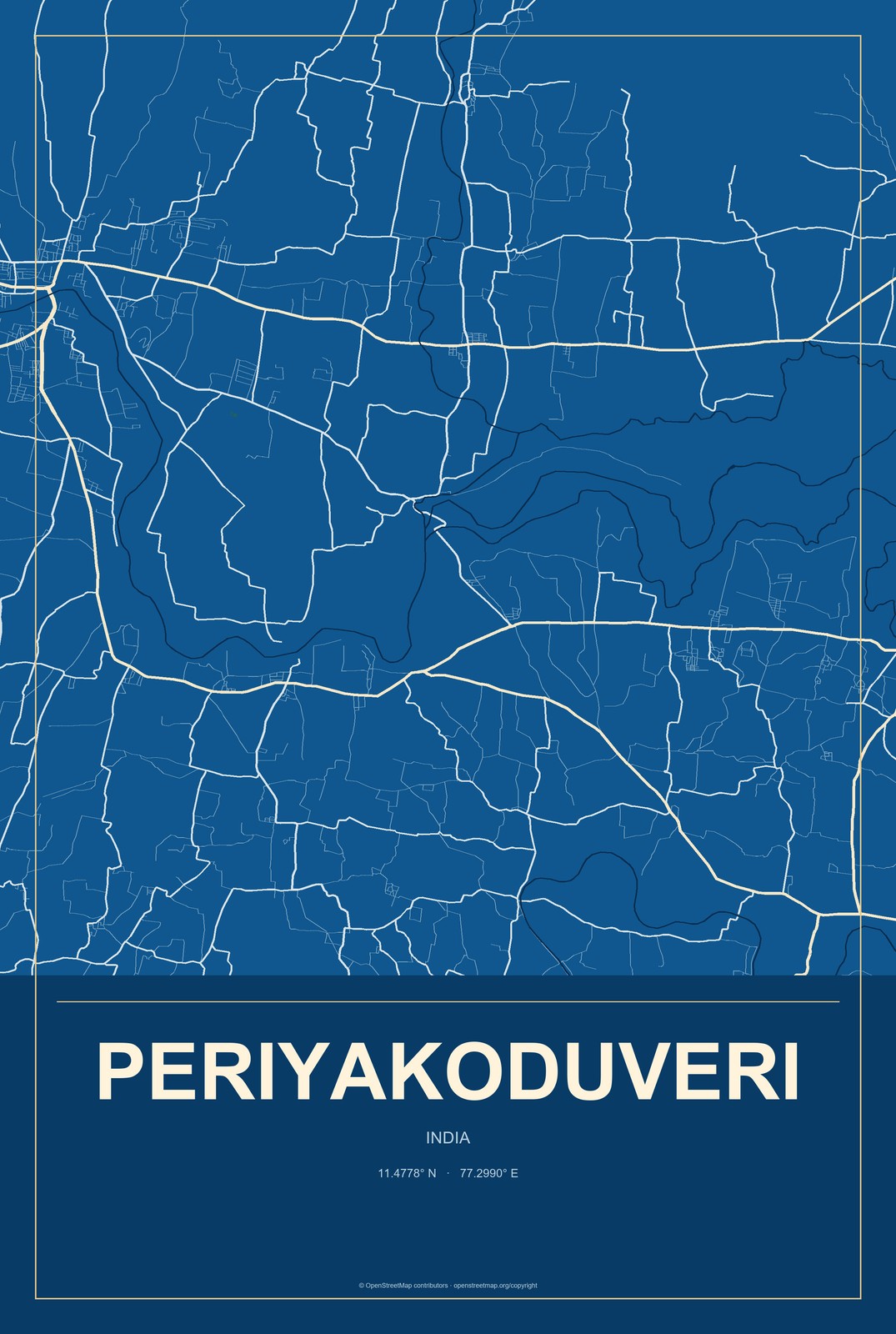 Periyakoduveri, India City Map Aluminum Sign in Harbor Cobalt style
