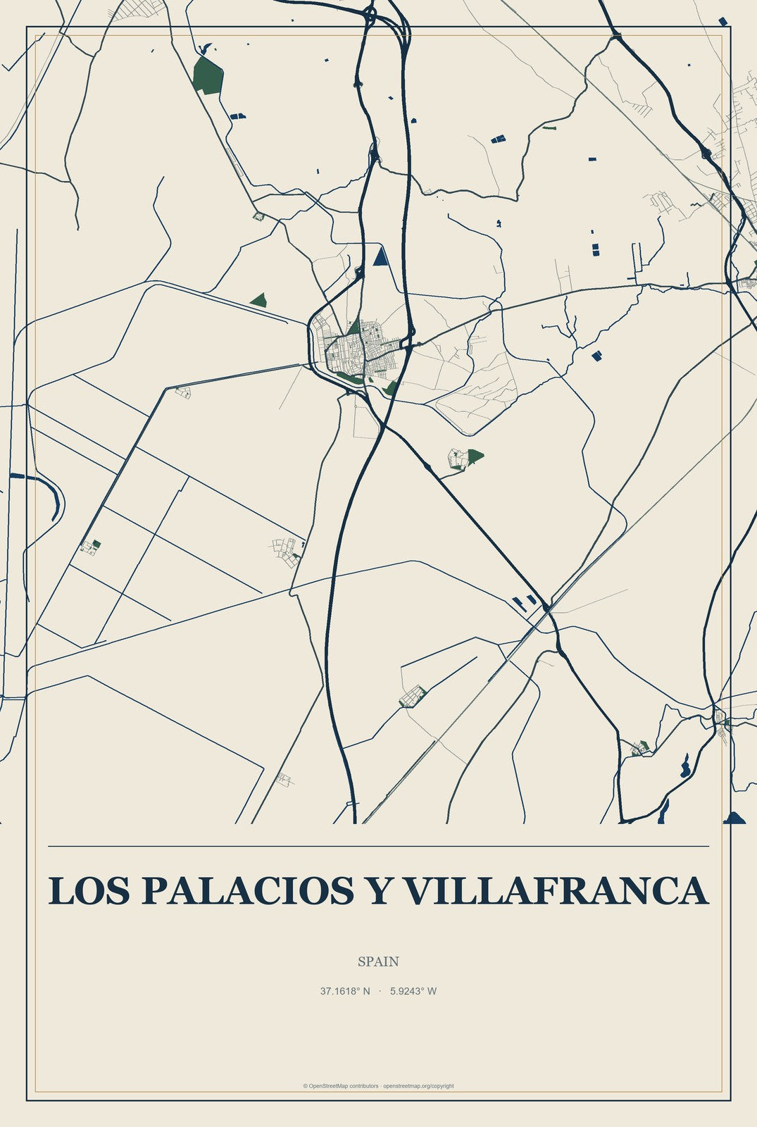 Los Palacios y Villafranca, Spain City Map Aluminum Sign in Coastal Cutout style