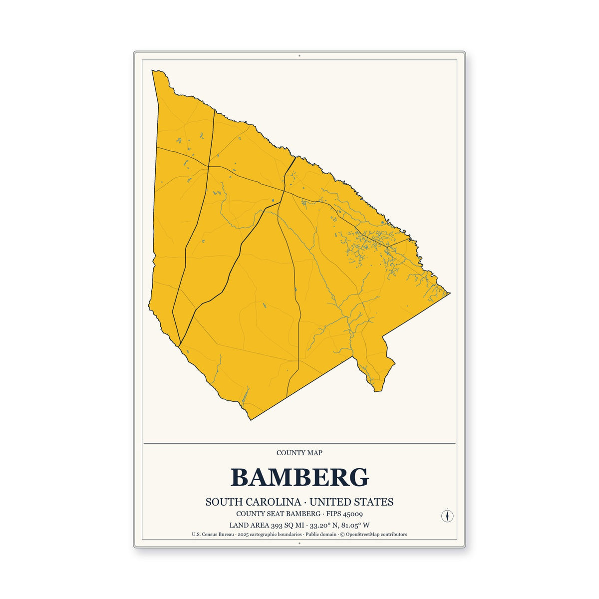 Bamberg County, South Carolina Map Aluminum Sign in Citrine Modern style